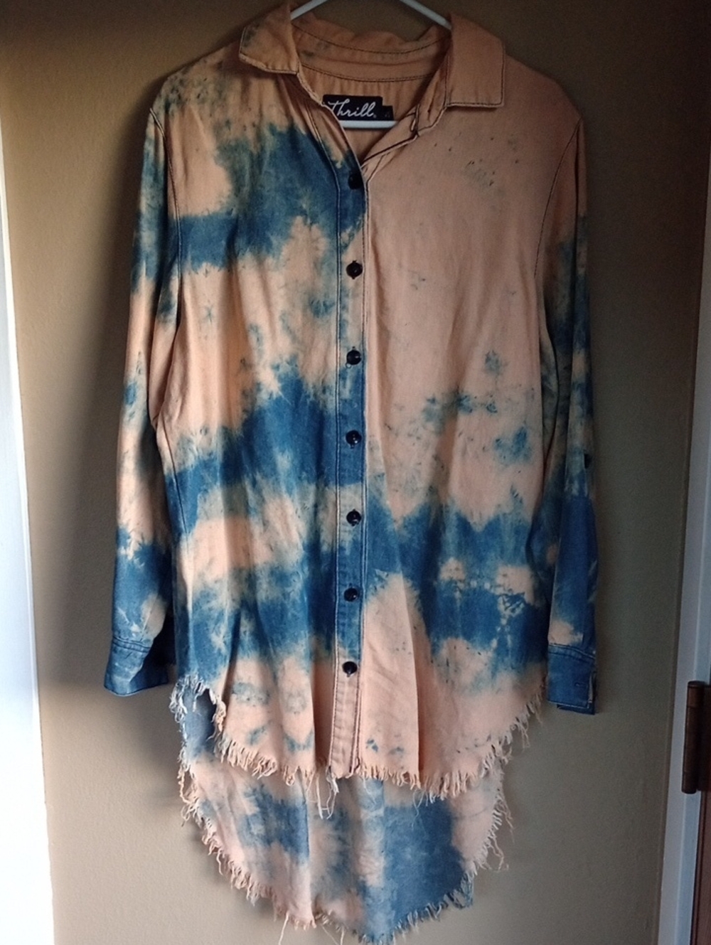 Thrill Denim Bleach Wash Tye Dye Button Front Tunic Dress Shirt Size 2X Cotton